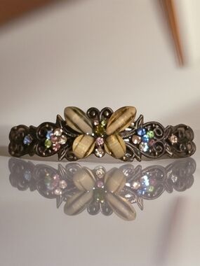 Vintage Yellow Butterfly Barrette with Multicolor Rhinestones